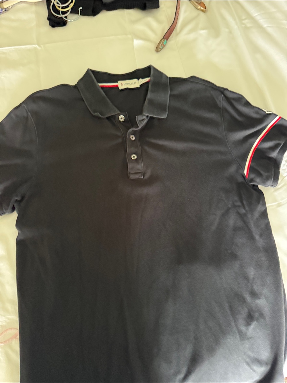 Moncler Black Polo with Red and White Sleeve Trim